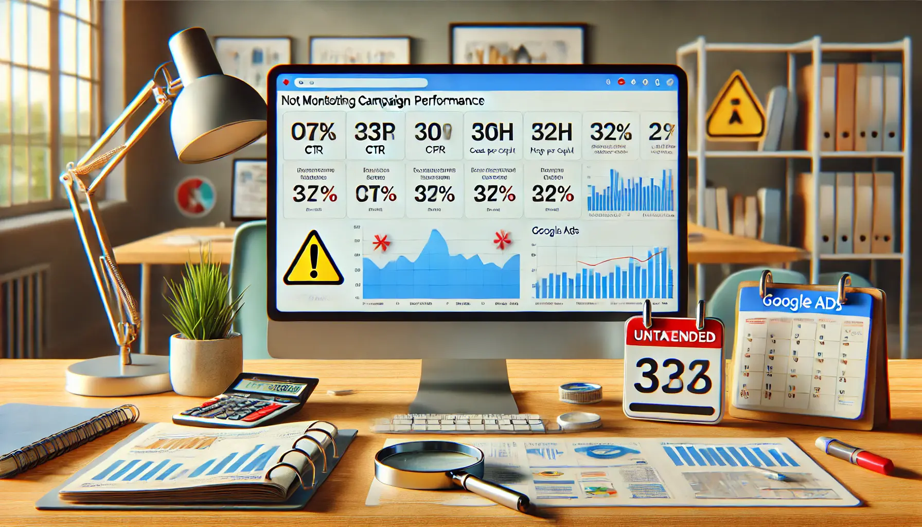 A computer screen displaying outdated performance metrics like low CTR on a Google Ads dashboard, surrounded by warning icons and an unattended calendar.