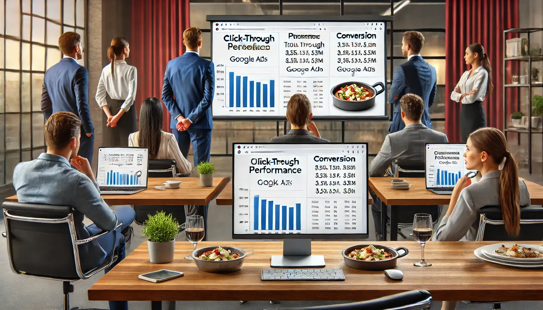 A restaurant marketing team overlooking campaign performance data on their computer screens without actively monitoring it.