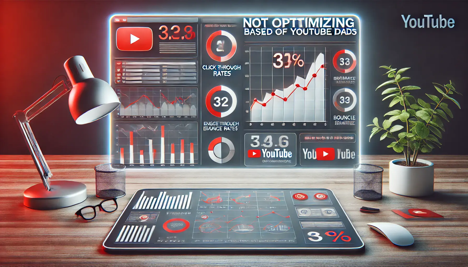 An illustration of a digital workspace showing an analytics dashboard with poor engagement metrics like low click-through rates and high bounce rates.