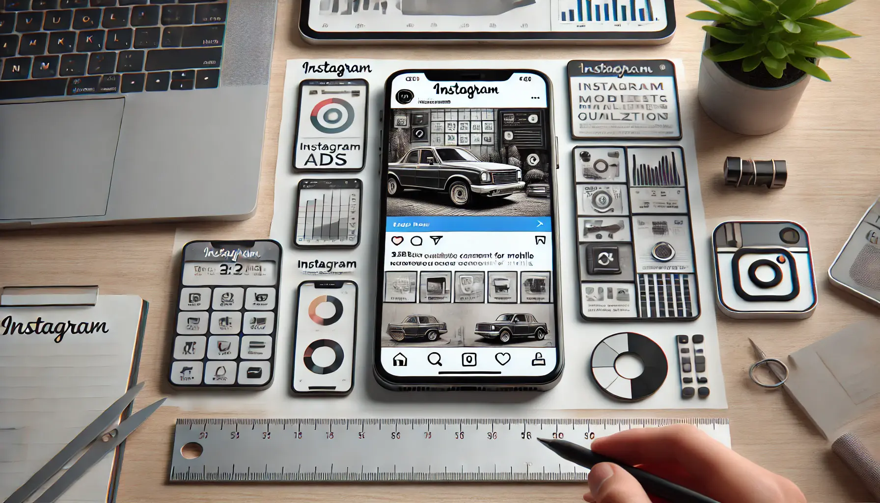 A smartphone displaying a poorly formatted Instagram ad with text and images cut off, surrounded by tools like a tablet showing mobile optimization guidelines and a laptop with mobile analytics.