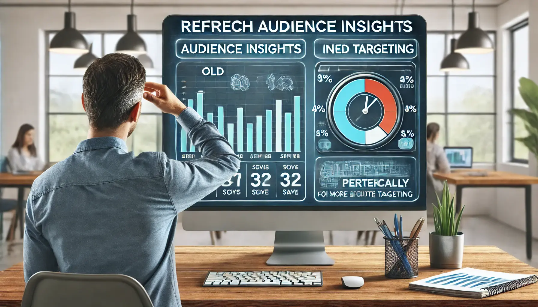 A digital marketer overlooking the need to refresh audience insights periodically on a computer screen, showing outdated data and ineffective targeting in a modern office setting.