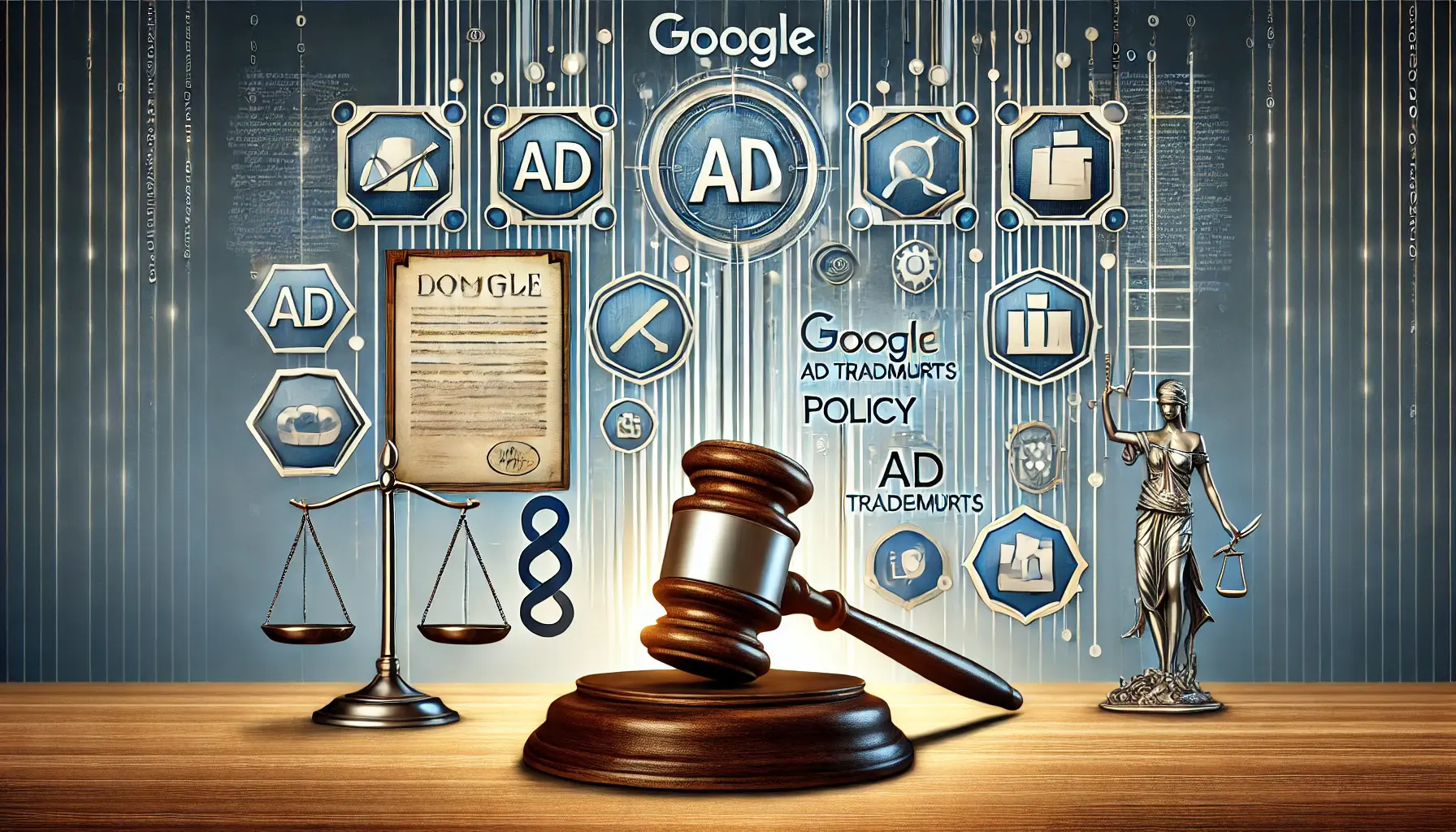 An abstract illustration featuring a gavel, legal documents, and digital icons symbolizing the impact of legal cases on Google's Ad Trademarks Policy.