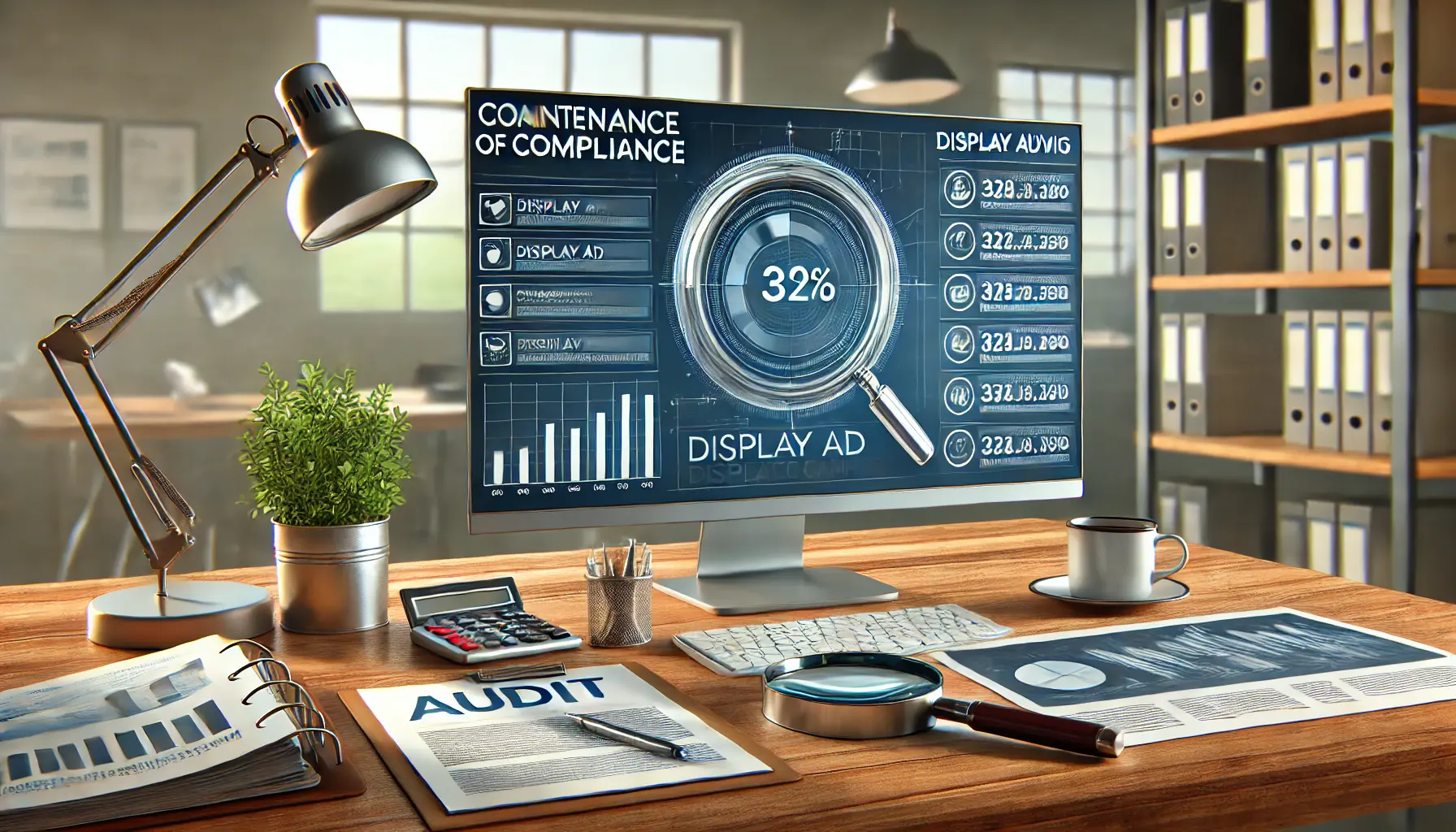 A digital marketing workspace with a computer displaying campaign performance metrics, surrounded by audit tools, documents, and a coffee cup.