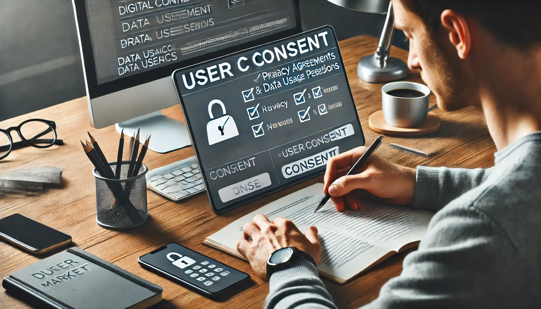 A digital marketer reviewing a user consent form on a computer screen, with checkboxes for privacy agreements and data usage permissions.