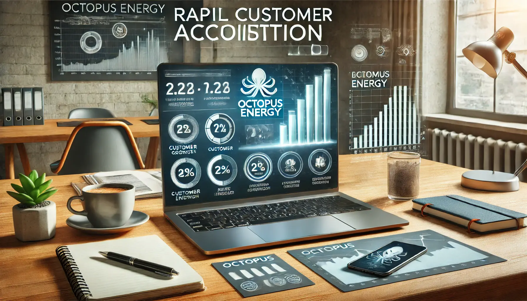 A laptop displaying an analytics dashboard with metrics such as customer growth and energy usage trends, surrounded by a smartphone, notebook, coffee cup, and charts in a modern office setting.