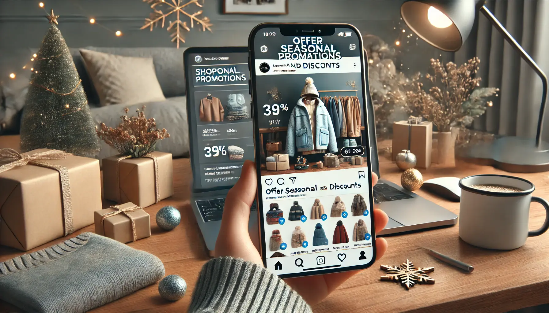 A smartphone displaying an Instagram shoppable post with seasonal products like winter clothing, set in a cozy atmosphere with decorations like snowflakes.