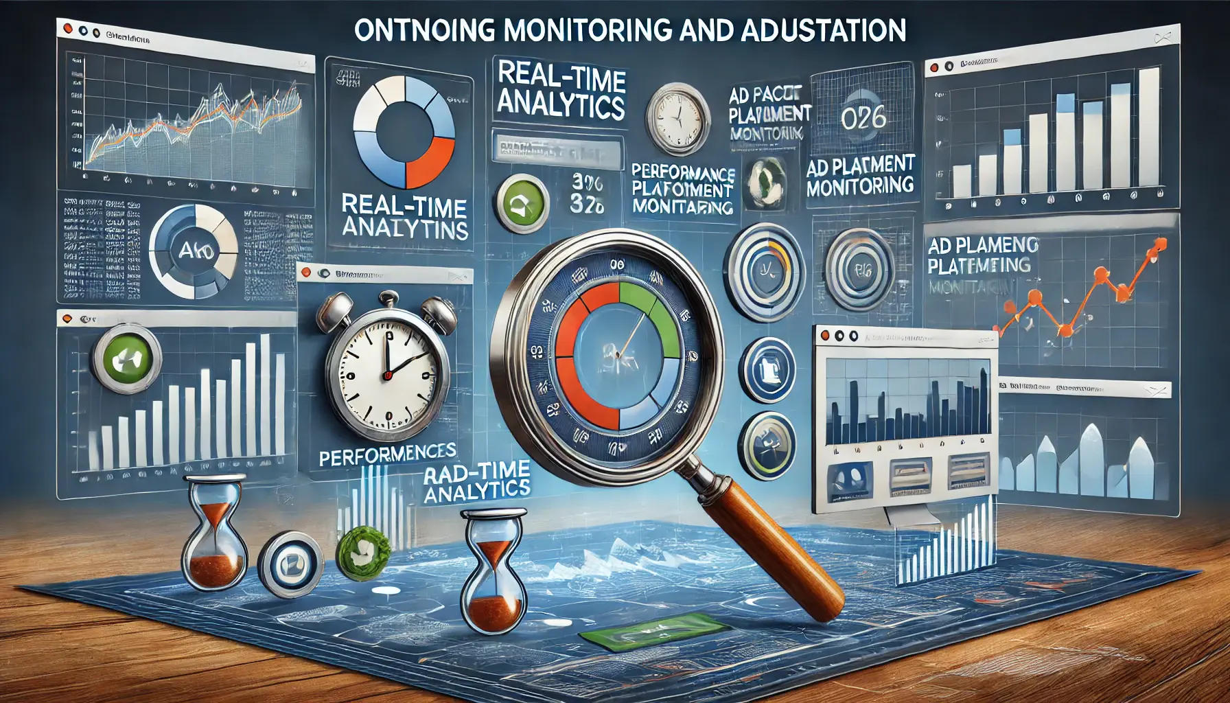 An image illustrating ongoing monitoring and adaptation in digital advertising, showing real-time analytics and performance graphs.