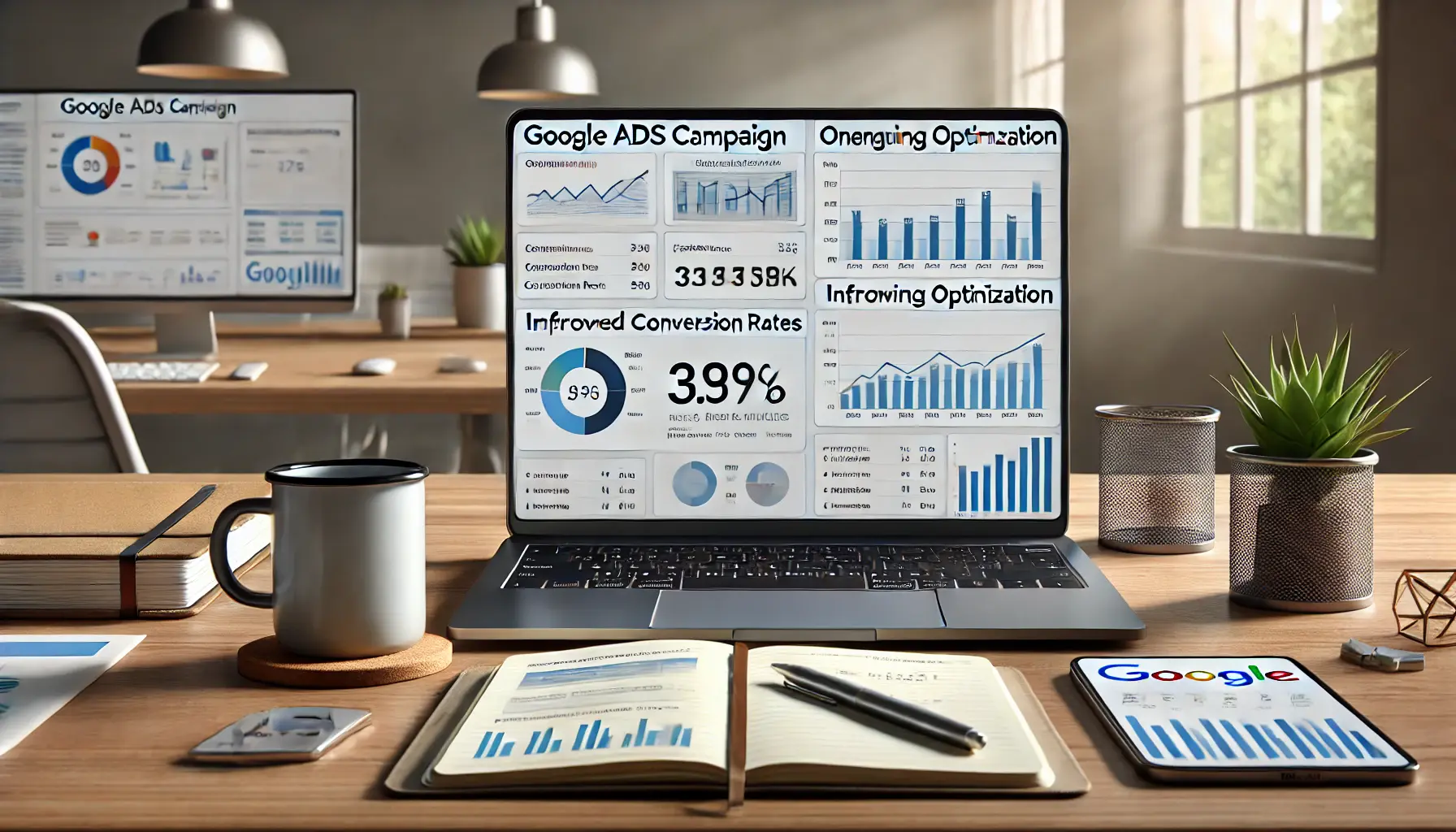 A laptop displaying refined Google Ads campaign metrics with improved conversion rates and click-through rates, set on a desk with a notebook, coffee mug, and tablet.