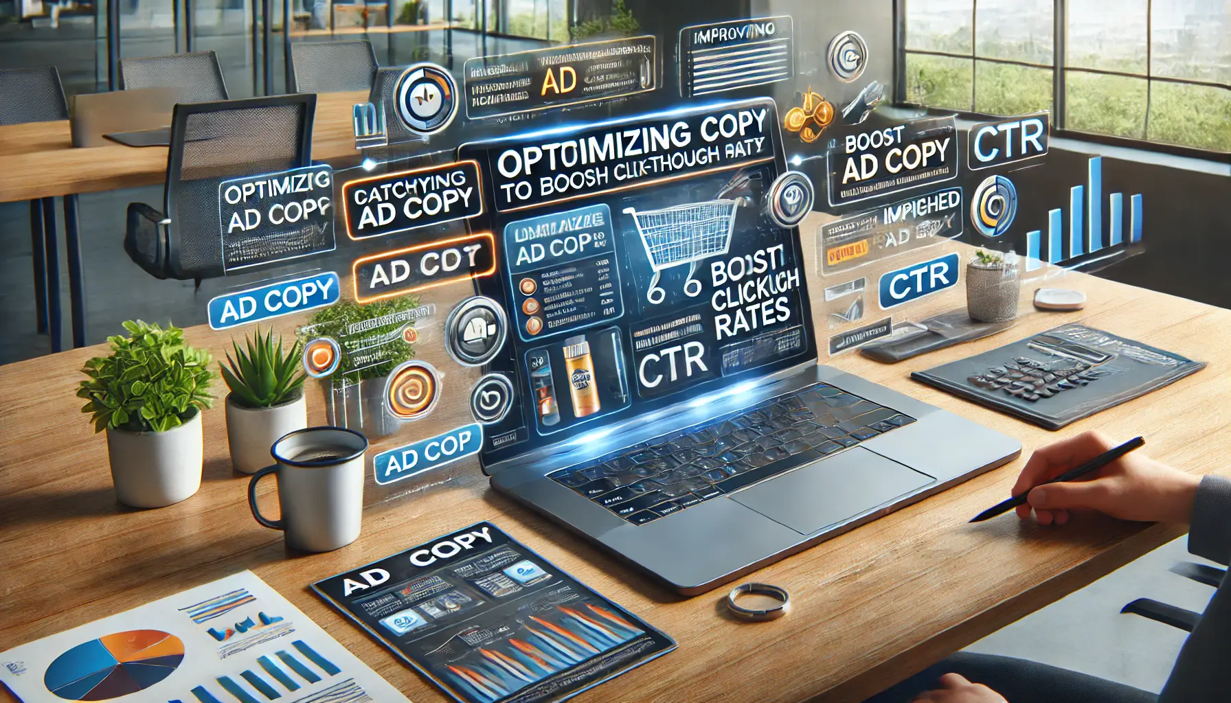 A realistic image of a laptop displaying digital marketing elements like catchy headlines, product images, and call-to-action buttons.