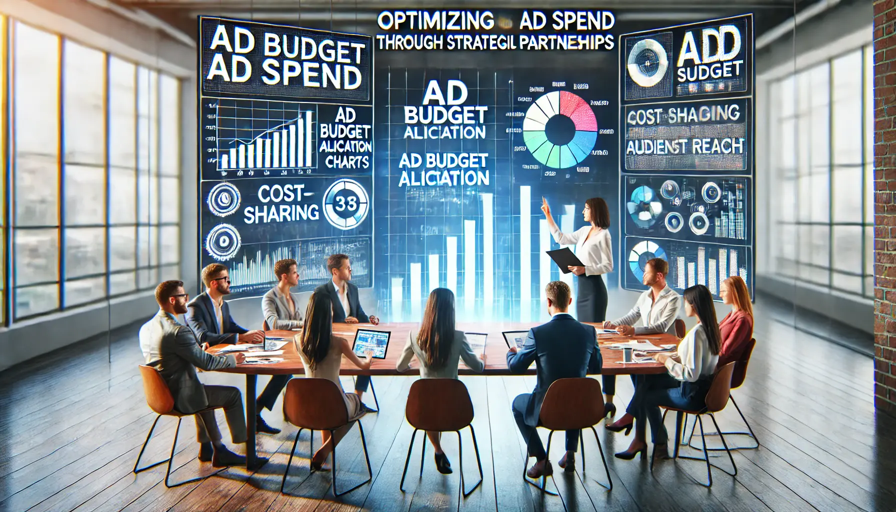 Representatives from two brands collaborating in a modern workspace with a digital screen displaying ad budget allocation and audience reach metrics.