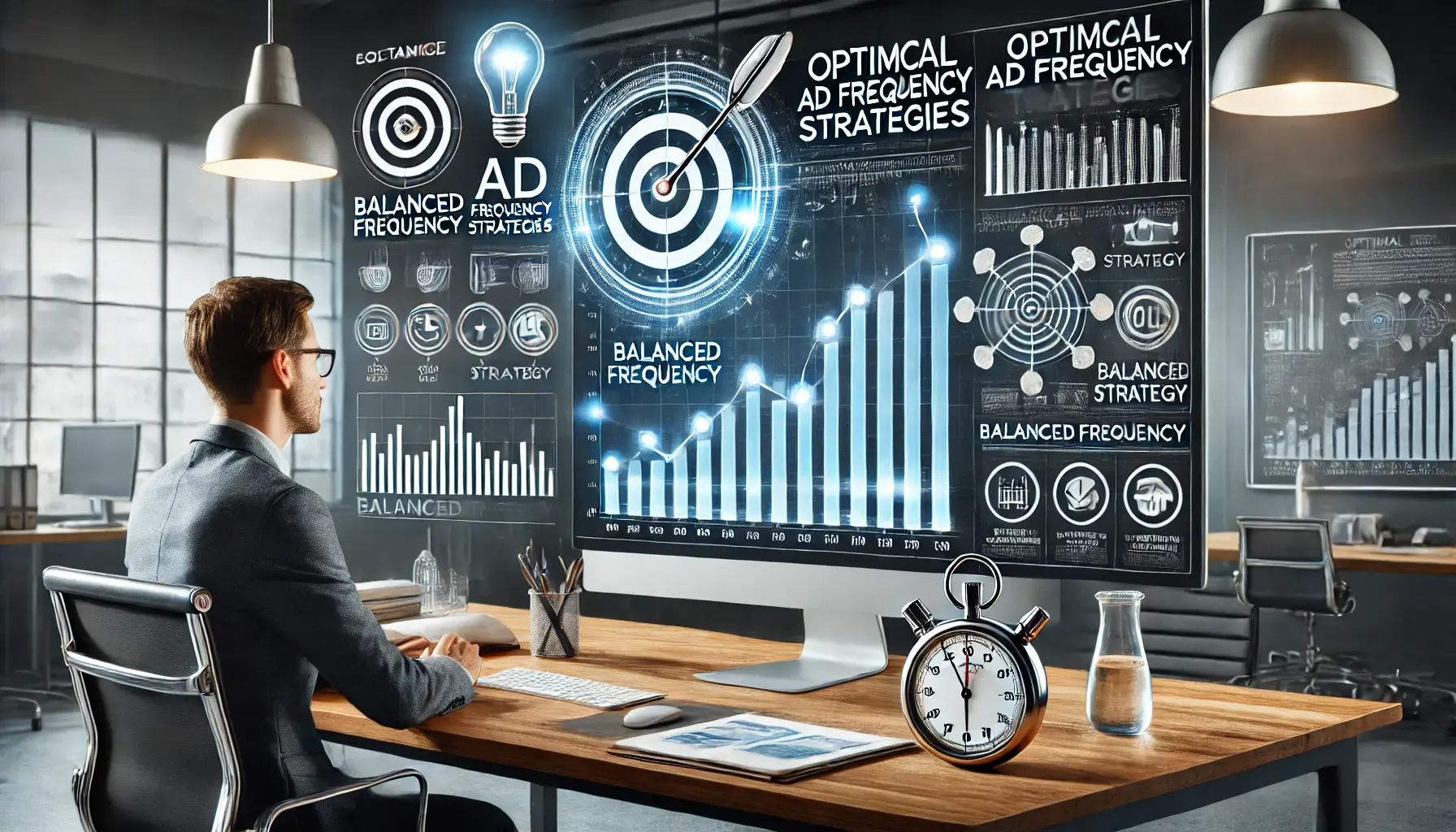 A marketer analyzing ad performance metrics on a large monitor with a balanced frequency graph, surrounded by symbols like a target and stopwatch in a modern office setting.