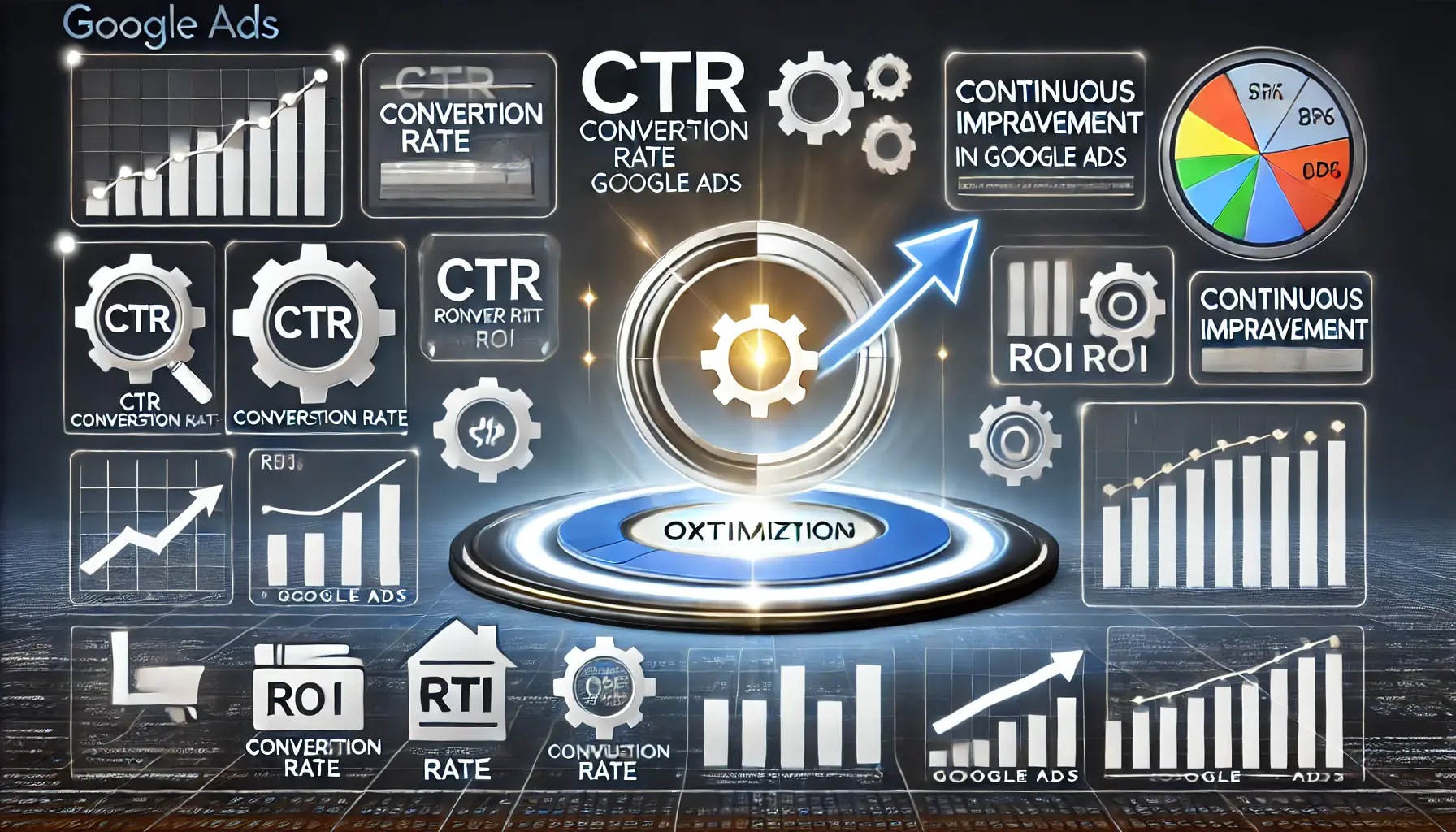 An illustration representing continuous optimization in Google Ads, featuring a digital dashboard with performance metrics like CTR, conversion rate, and ROI, along with symbols of gears, arrows, and refresh icons.