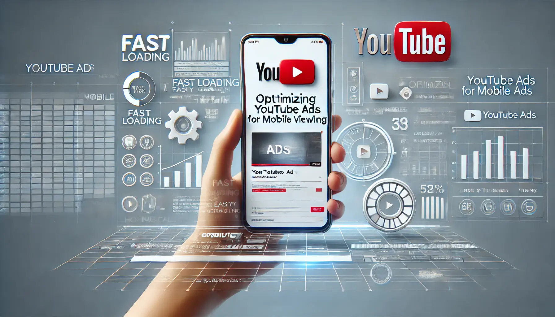 An illustration of a smartphone displaying a YouTube ad optimized for mobile viewing, featuring clean visuals and user-friendly design.