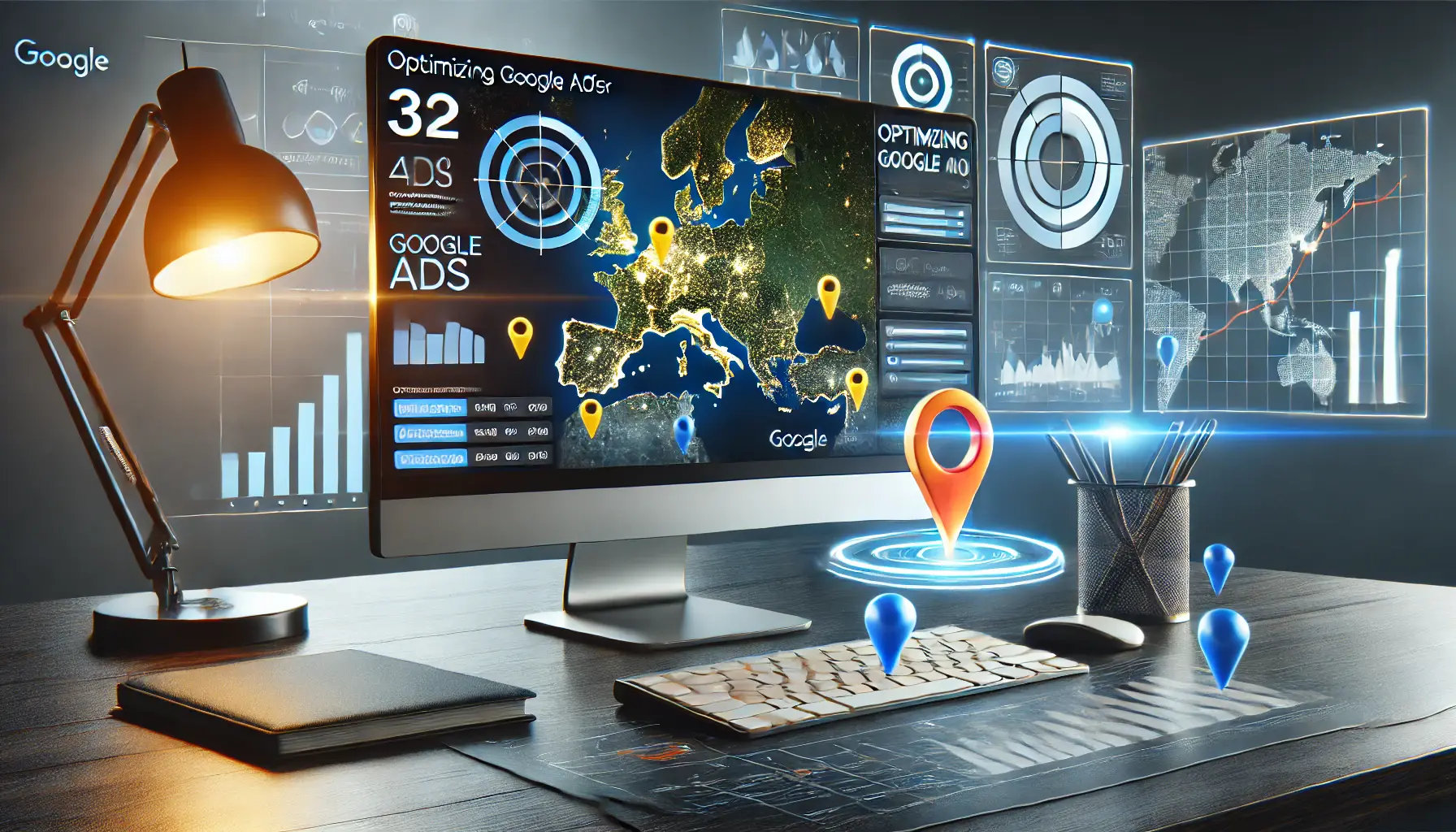 A workspace with a computer displaying a Google Ads dashboard featuring location-specific targeting options, surrounded by a map with markers and analytics graphs.