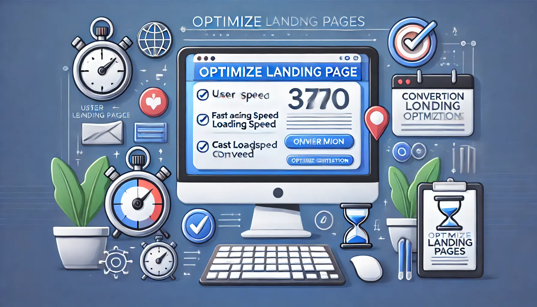 A computer screen displaying an optimized landing page with clean design, fast loading speed, and clear call-to-action buttons, surrounded by symbols like a stopwatch, thumbs-up, and funnel.