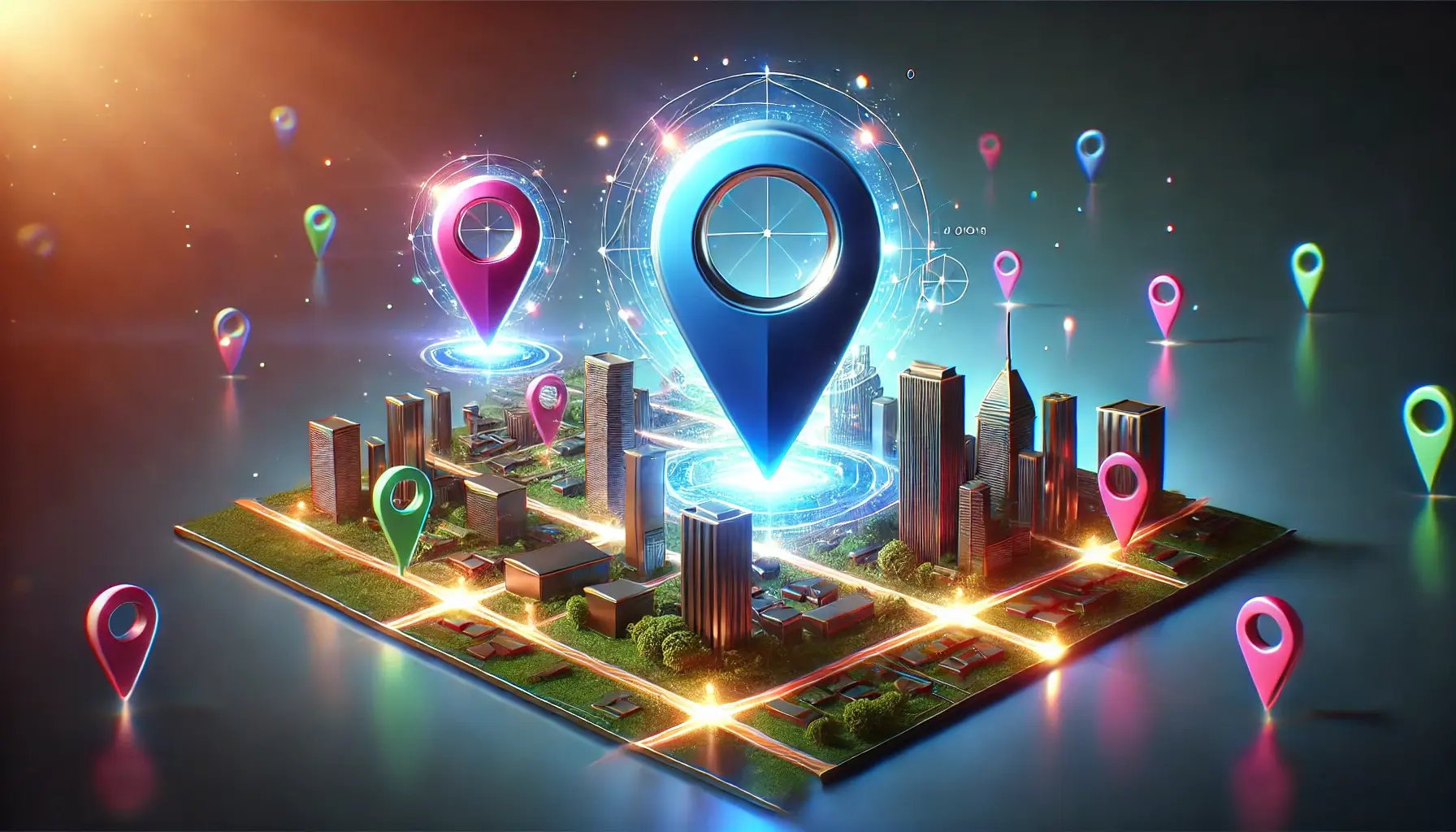 A vibrant cityscape with glowing GPS markers symbolizing location-based advertising.