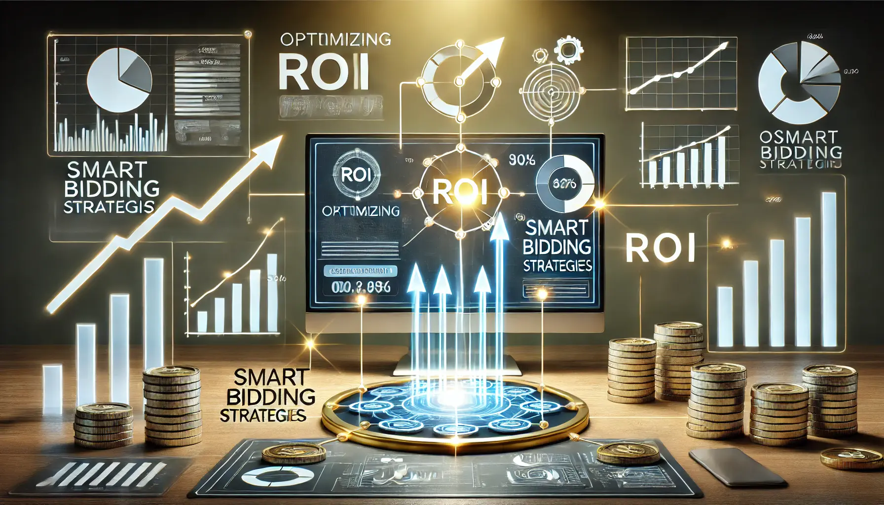 A glowing bidding algorithm with interconnected graphs, a computer screen showing a performance dashboard, and upward-trending arrows symbolizing optimized ROI through smart bidding.