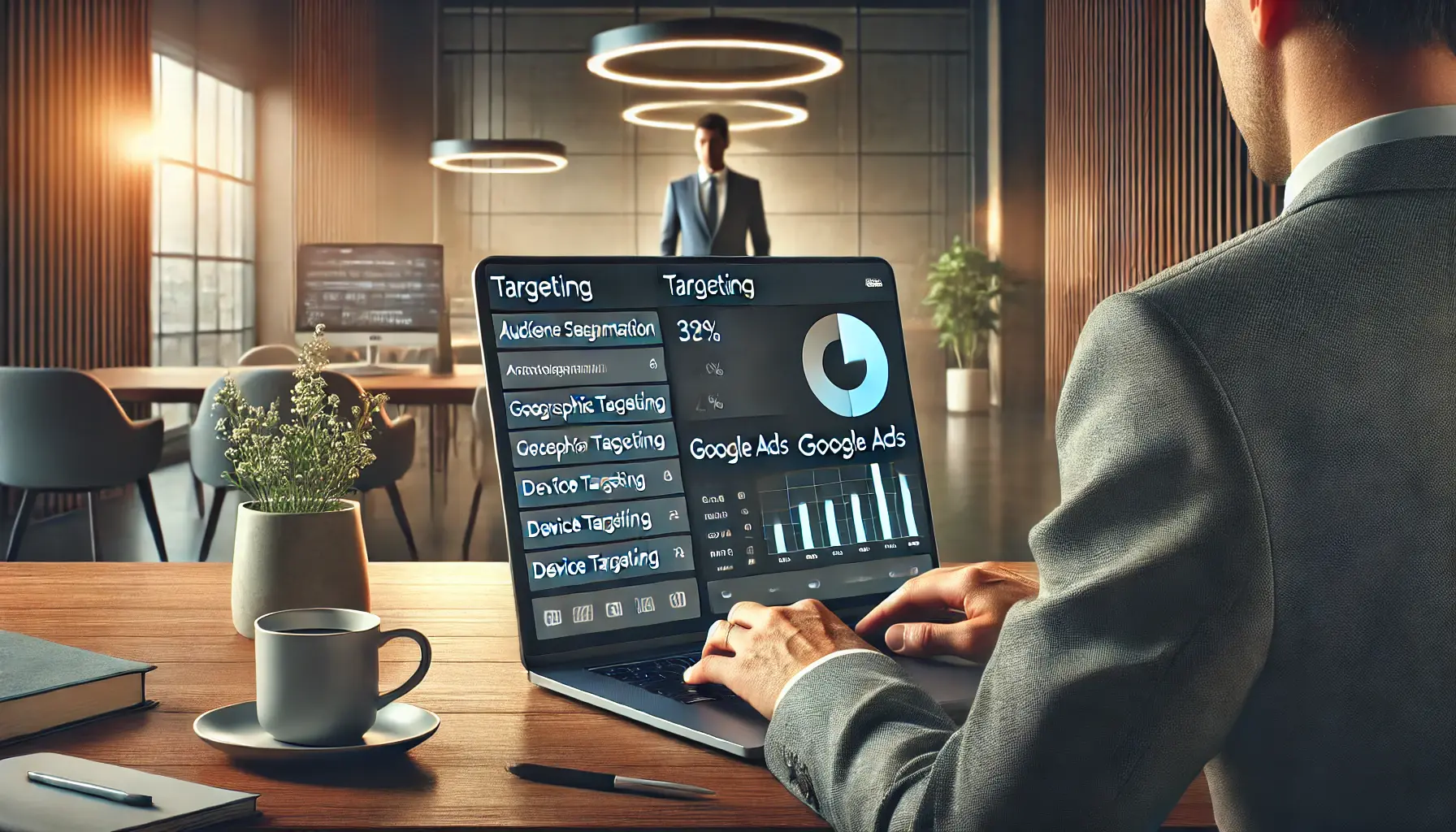 A business professional adjusting targeting settings on a digital dashboard for better ad performance, displayed on a laptop screen in a modern office.