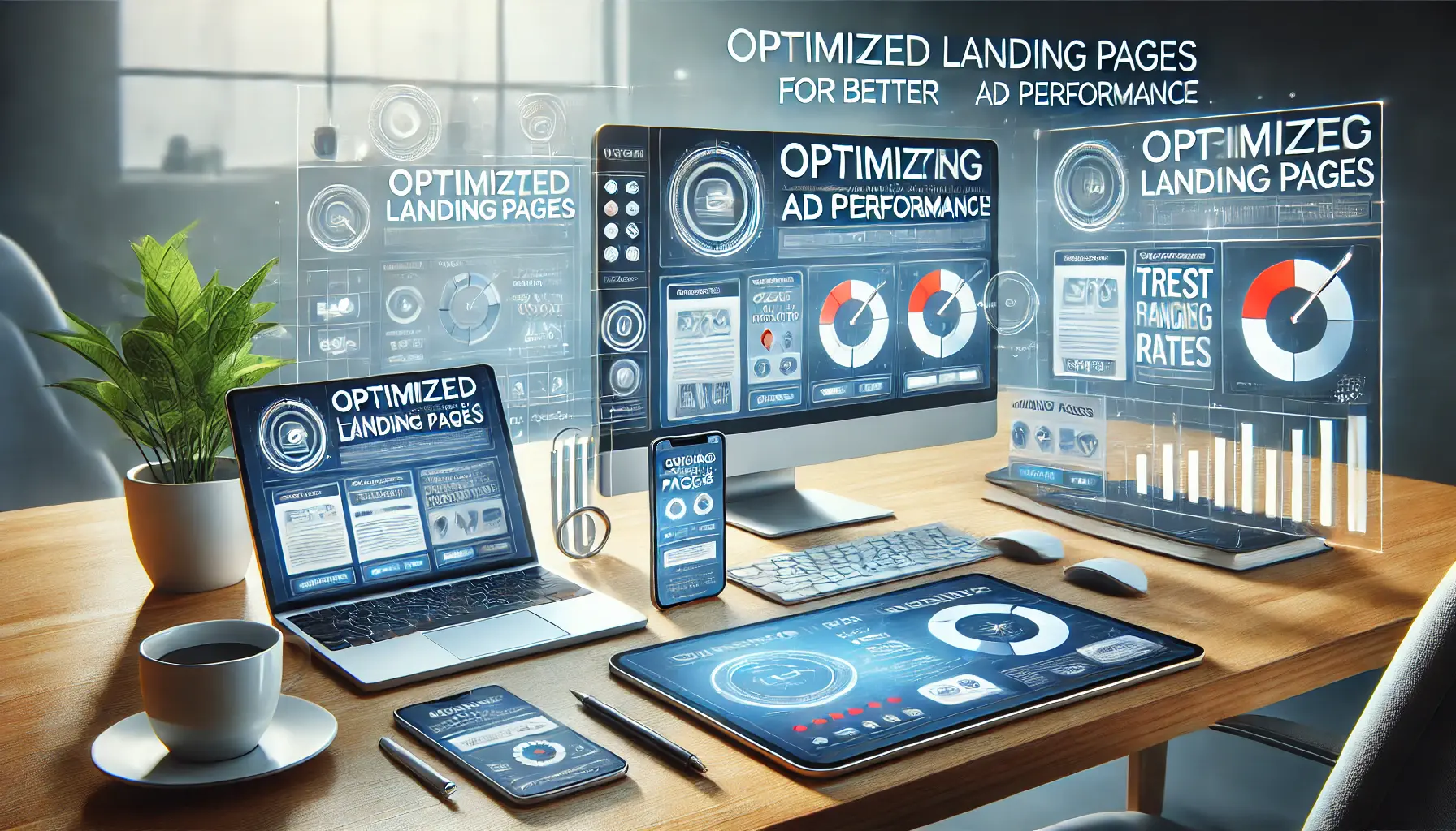 Visualization of optimized landing pages with clear calls-to-action and trust signals on digital devices.