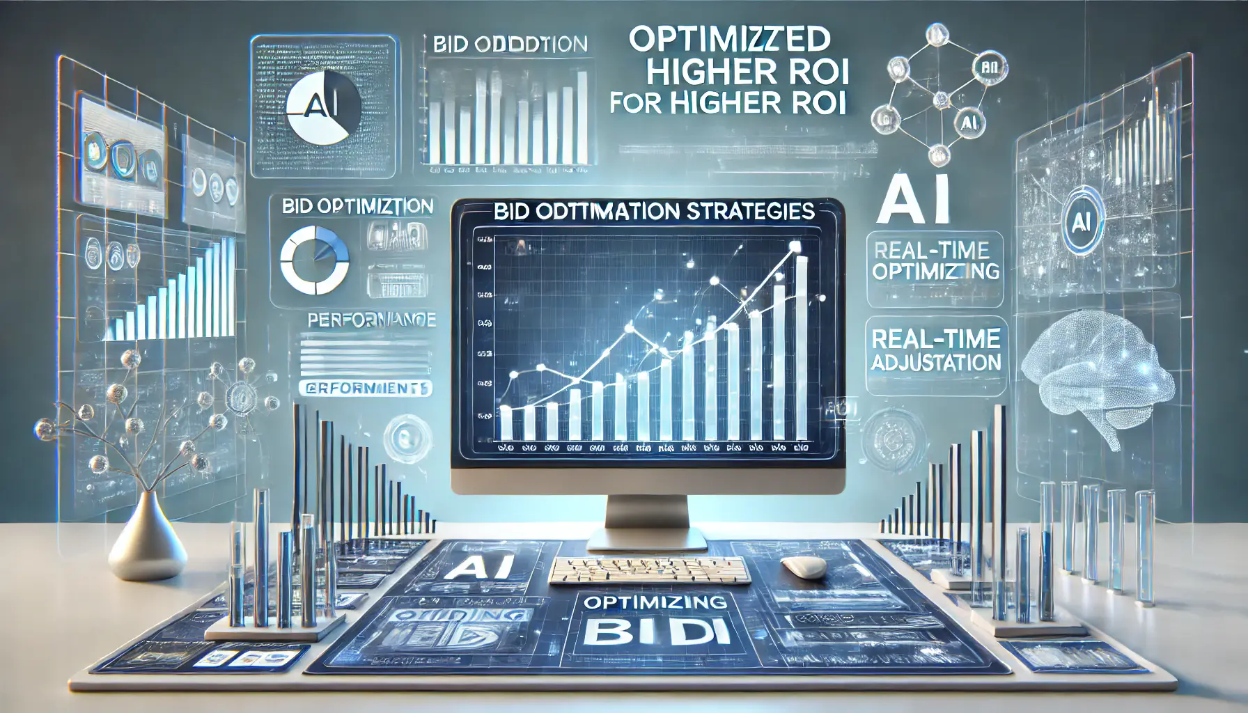 An image showing optimized bidding strategies for higher ROI in digital advertising, with a digital workspace displaying bid optimization graphs and AI elements.