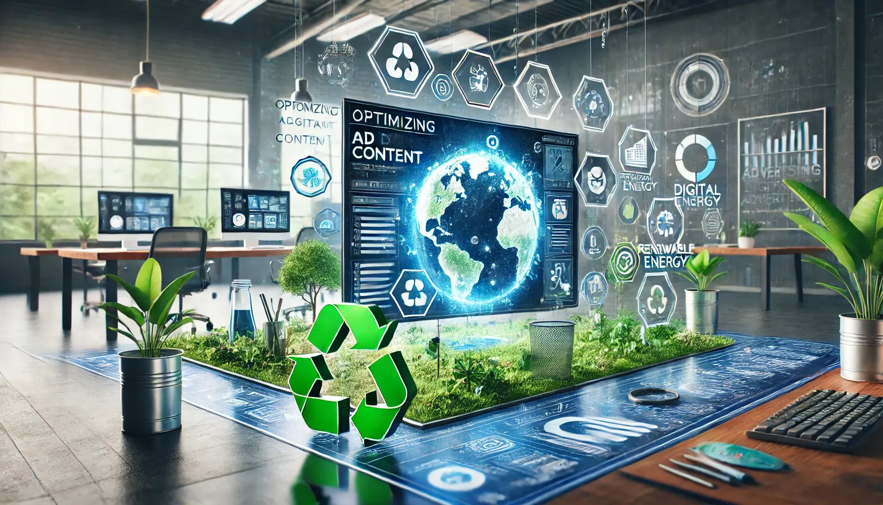 A digital workspace with ad content tools on a screen, surrounded by eco-friendly symbols like recycling icons, renewable energy visuals, and green plants, emphasizing sustainability in advertising.