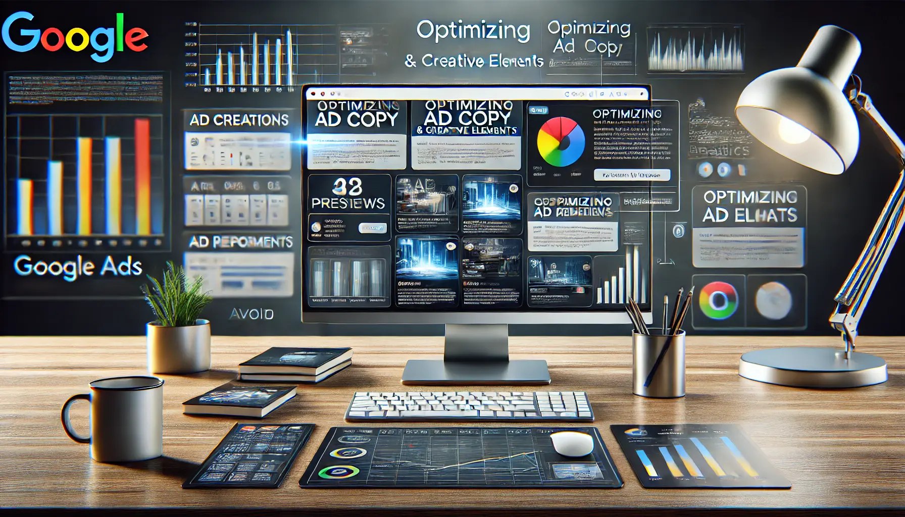 Illustration of a digital workspace displaying an ad creation interface with dynamic previews, creative design options, and performance analytics.