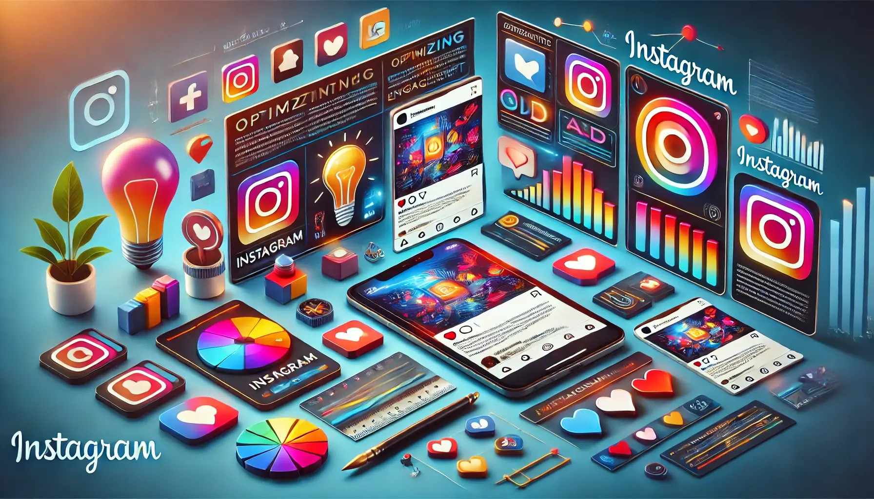 Illustration of a smartphone and tablet displaying Instagram ad previews with vibrant visuals, surrounded by icons like a paintbrush, light bulb, and engagement metrics such as hearts and comment bubbles.