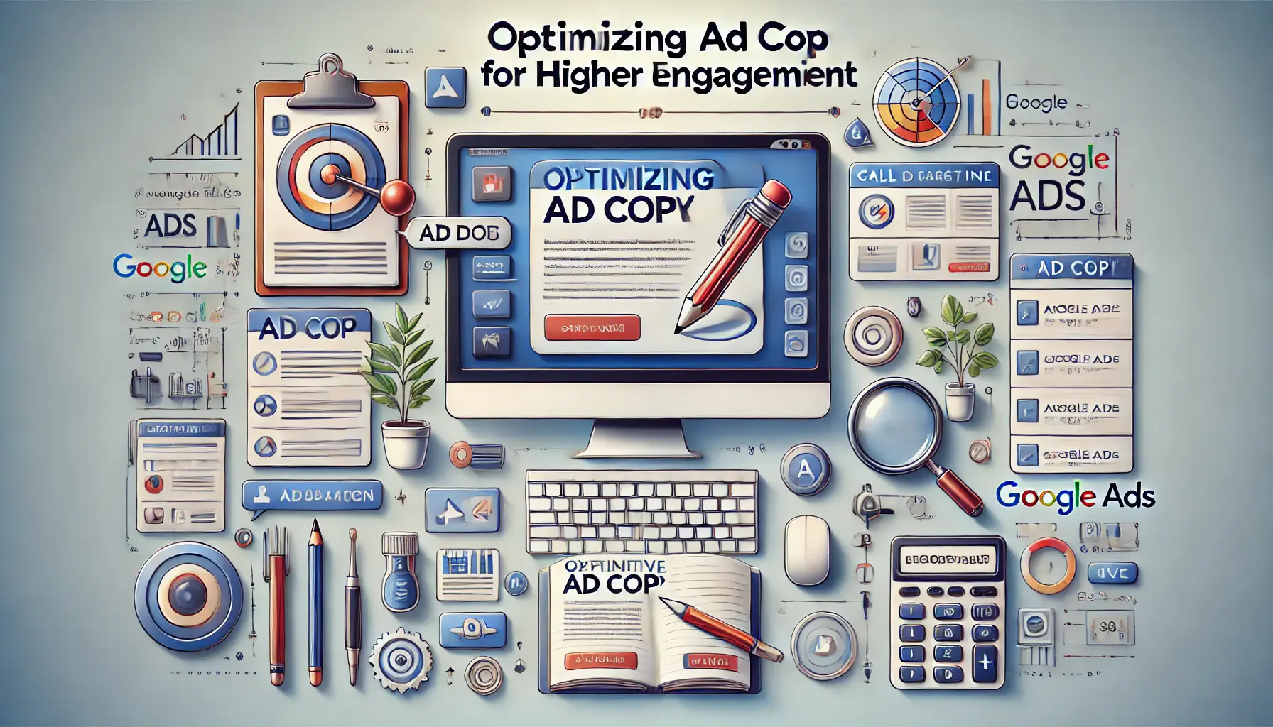 A creative digital illustration showing ad copy optimization with compelling headlines, call-to-action buttons, and audience targeting elements.