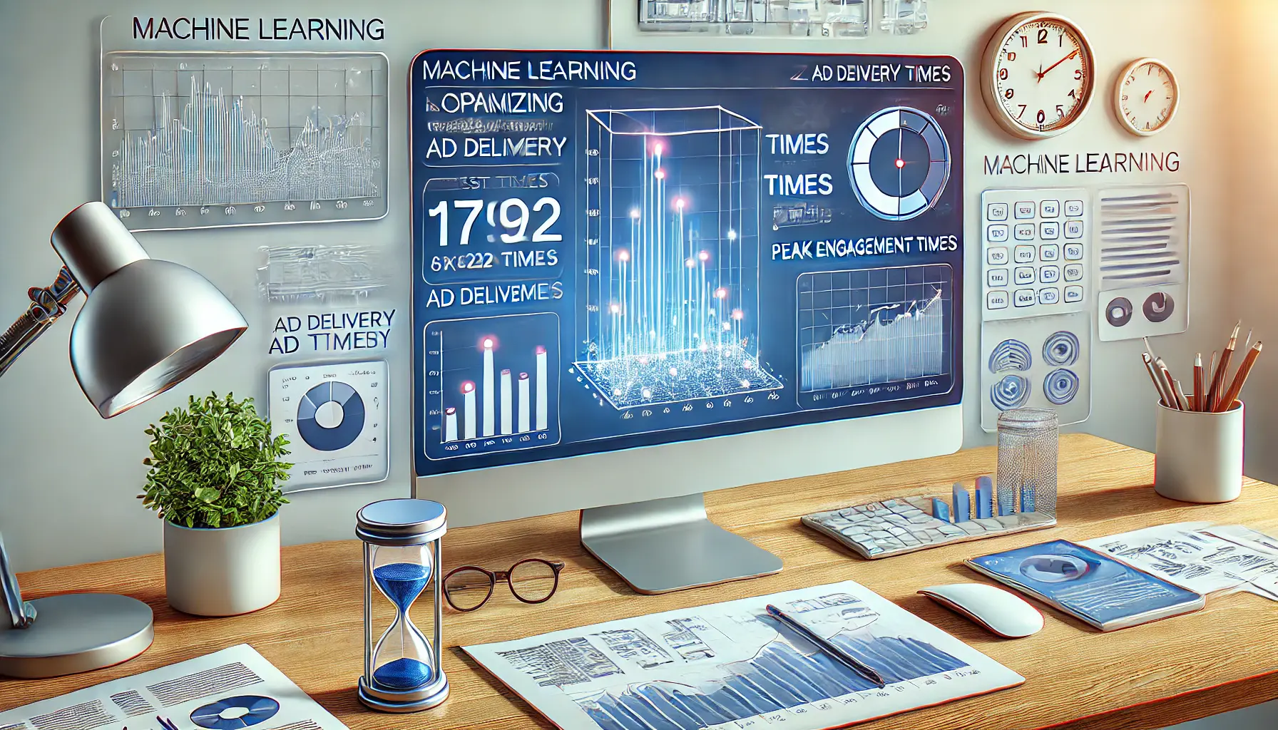 An illustration of machine learning optimizing ad delivery times, with a computer screen displaying user activity patterns and predicted peak engagement times.