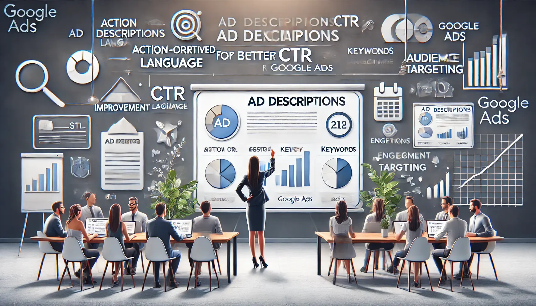 A marketer analyzing ad description examples on a screen with metrics like CTR and engagement rates, surrounded by optimization icons.