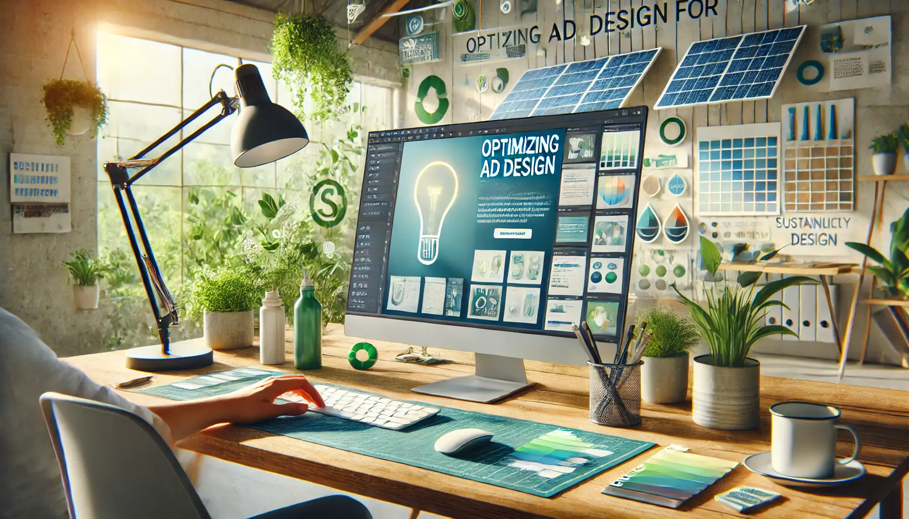 Illustration showing a designer working on an eco-friendly ad design with natural elements like plants and energy-efficient tools.