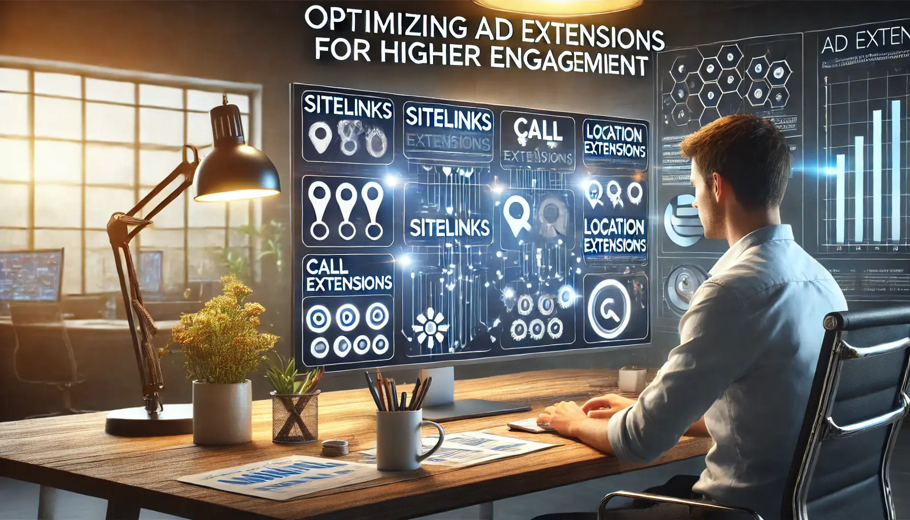 A marketer adjusting ad extensions like sitelinks, call extensions, and location extensions on a digital dashboard.