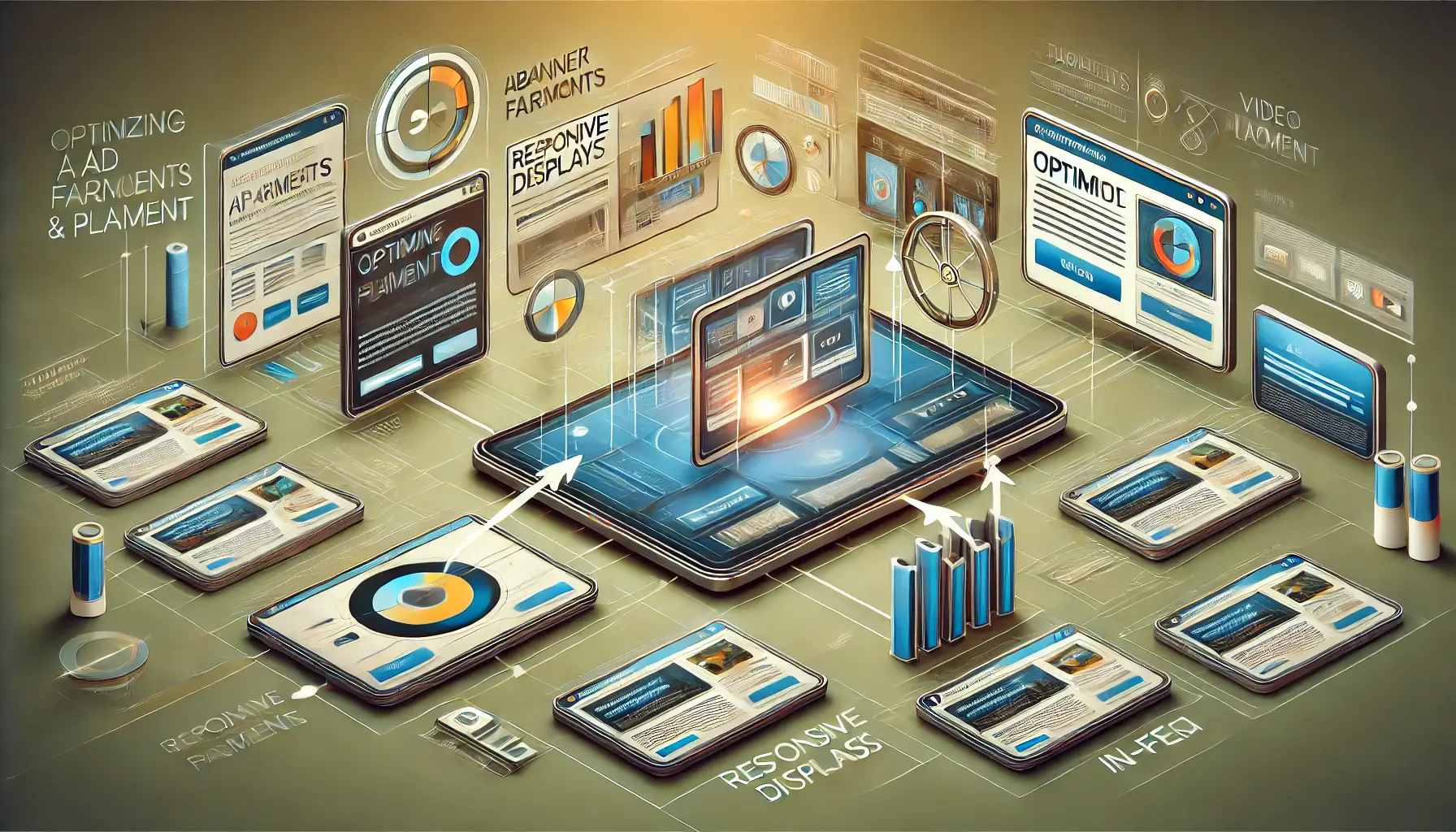 An image illustrating the concept of optimizing ad formats and placement, showing various ad types placed strategically on a digital platform.