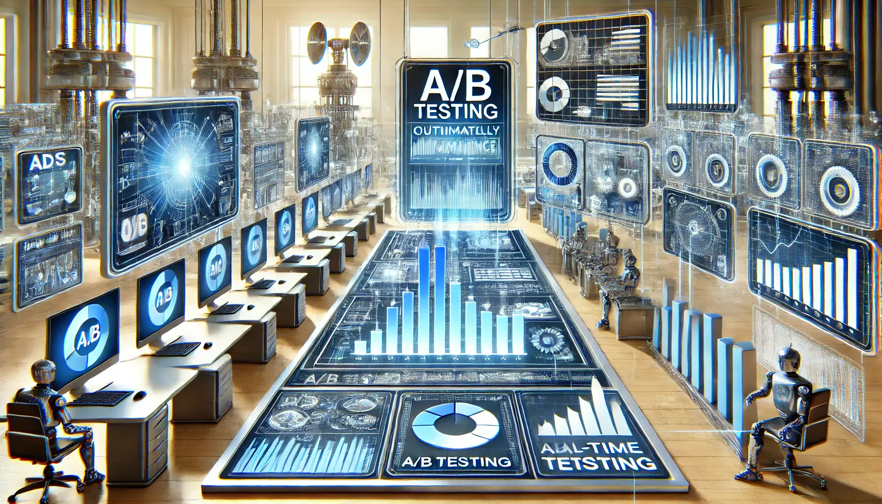 A high-tech digital environment displaying A/B testing data, performance metrics, and real-time optimization of ad variations.