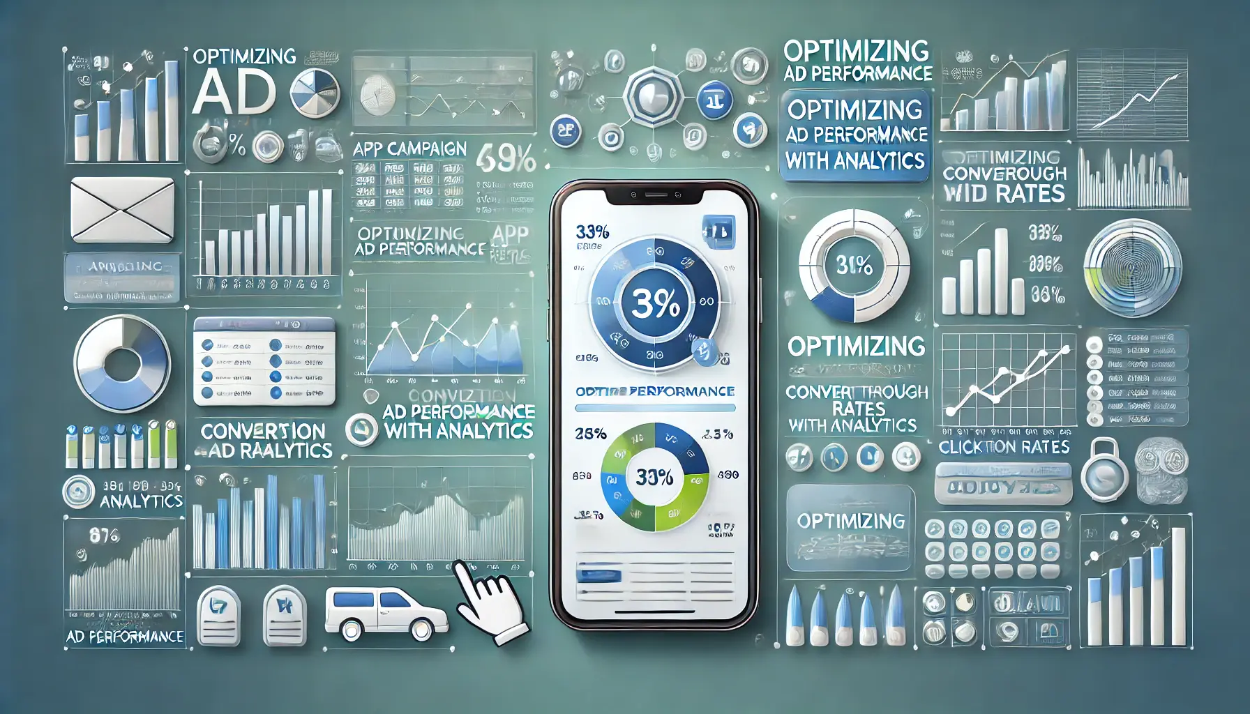 A smartphone displaying an app campaign dashboard with performance graphs, conversion rates, and click-through rates for ad optimization.