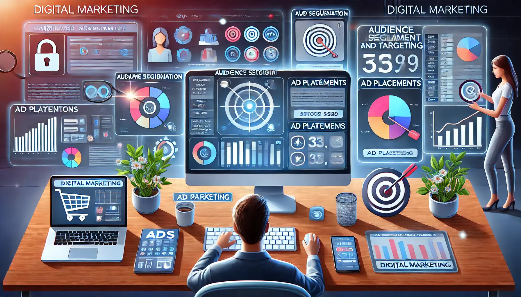 Image showing a marketer analyzing a digital dashboard with data on ad placement and audience targeting across multiple devices and platforms.