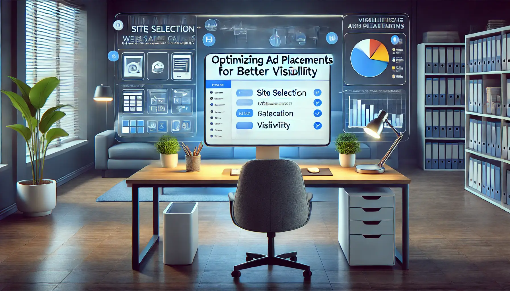 A professional workspace featuring a computer screen with a placement dashboard displaying site selection and visibility options, surrounded by analytics tools and graphs.