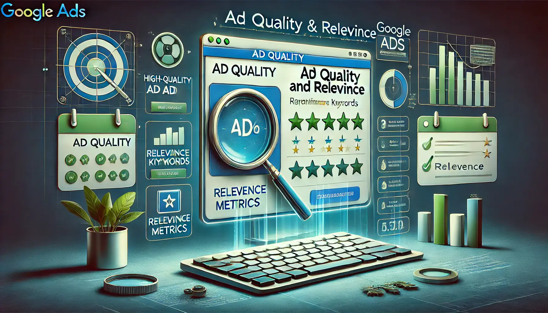 A digital screen displaying a high-quality ad preview and relevance metrics, with a magnifying glass and checklist symbolizing optimization.