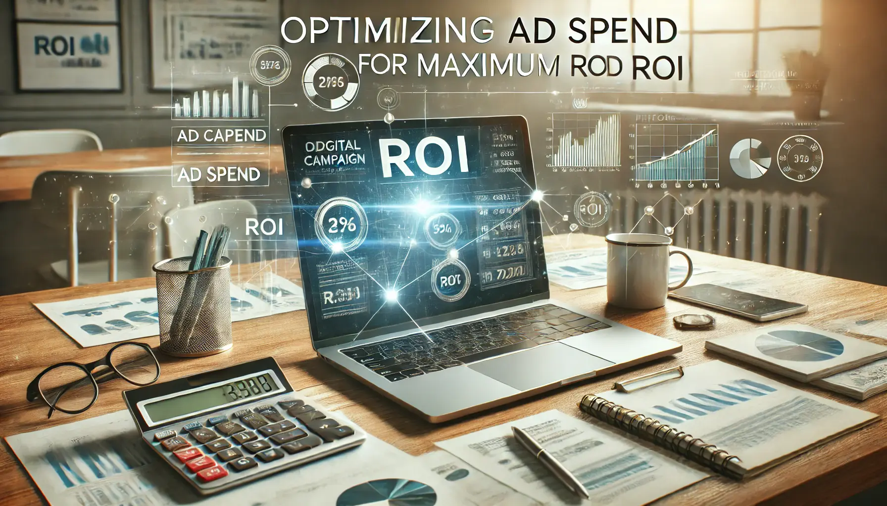 A workspace with an open laptop showing ad campaign performance metrics and ROI graphs, emphasizing the optimization of ad spend for maximum returns.