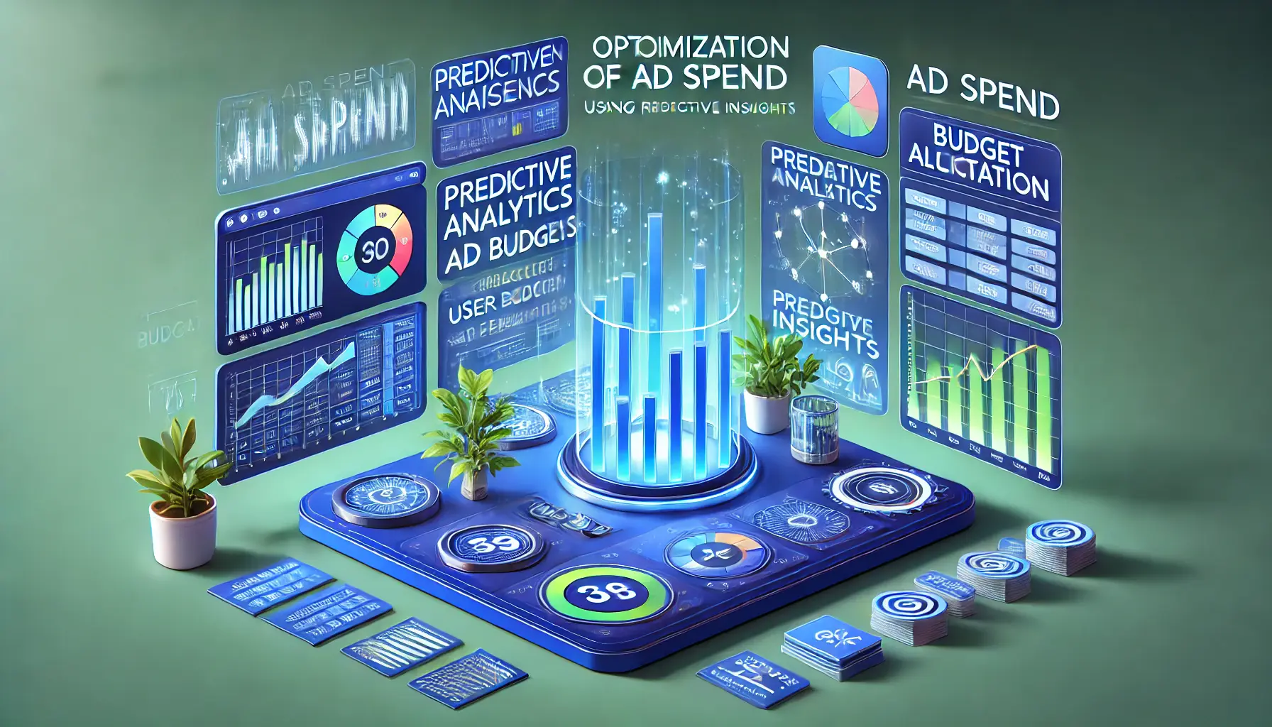 Digital dashboard displaying predictive analytics models and budget allocation for ad optimization.