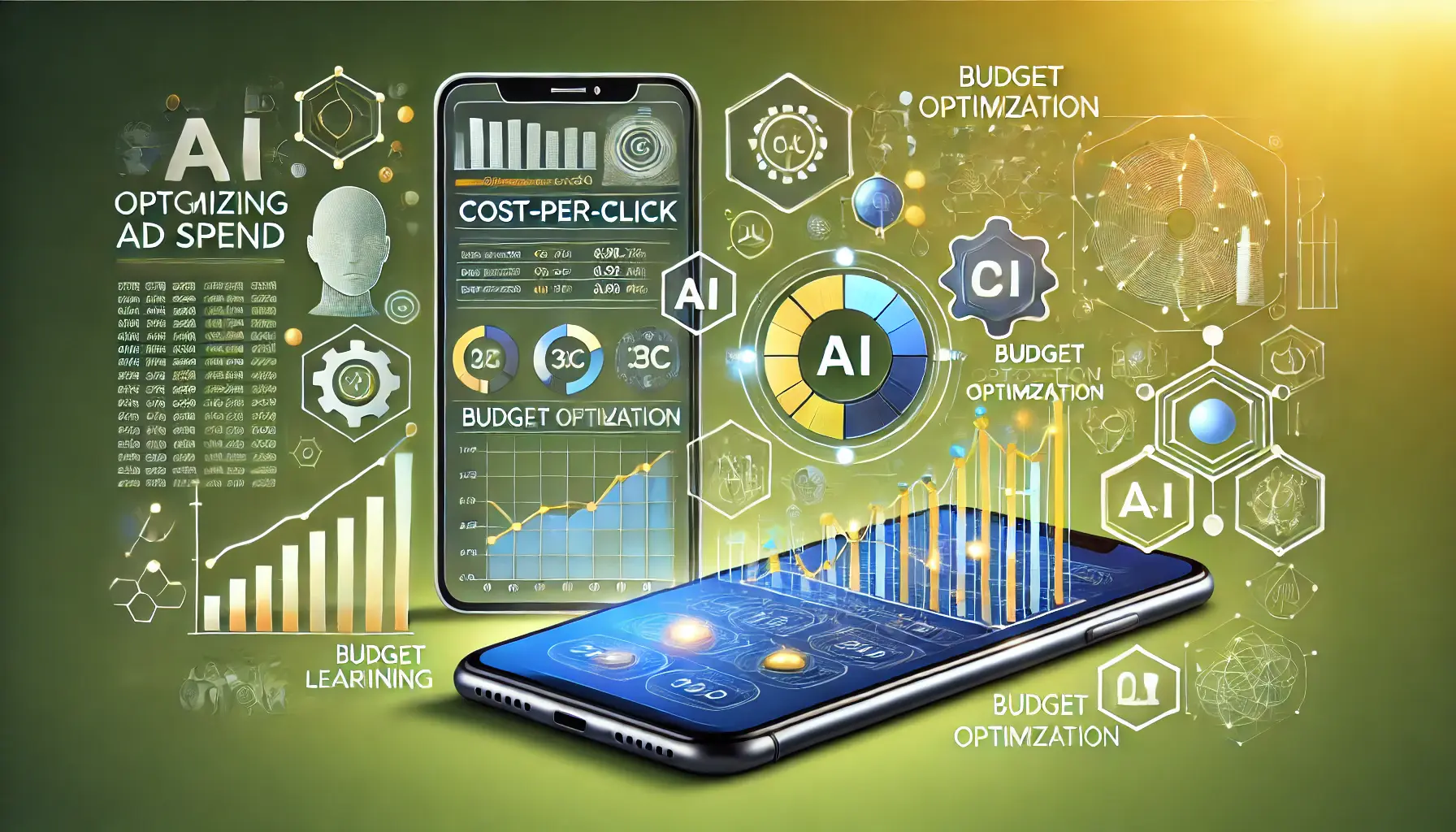 An image showing AI-driven insights for ad spend optimization, with performance analytics and cost-per-click metrics on screens.