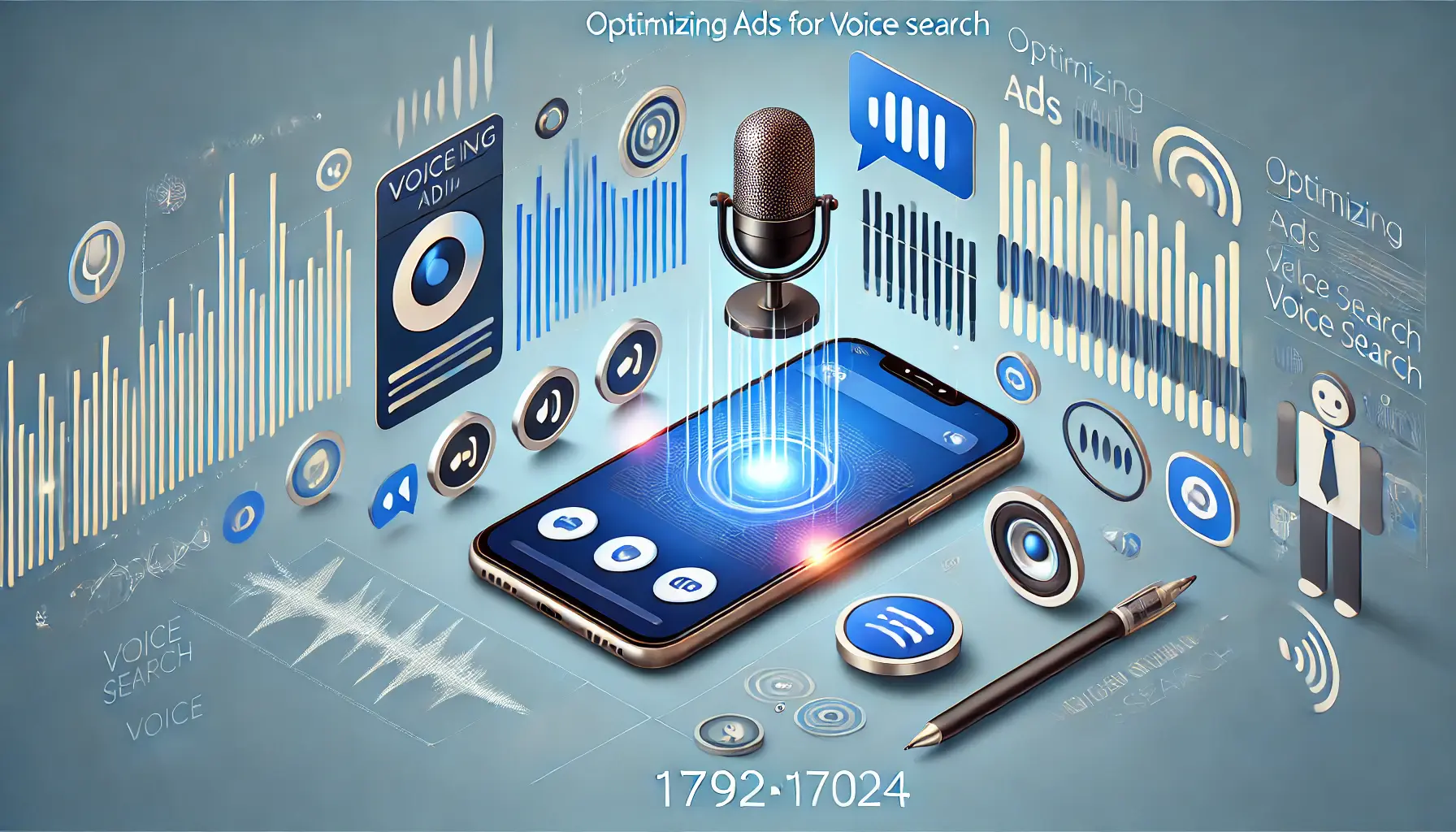 Illustration of voice search optimization with a smartphone showing a voice assistant interface and audio waveforms.