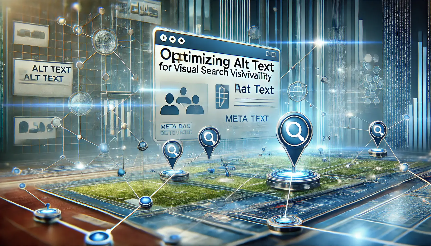A digital interface showing highlighted images with meta tags, symbolizing alt text optimization for enhanced visual search visibility.