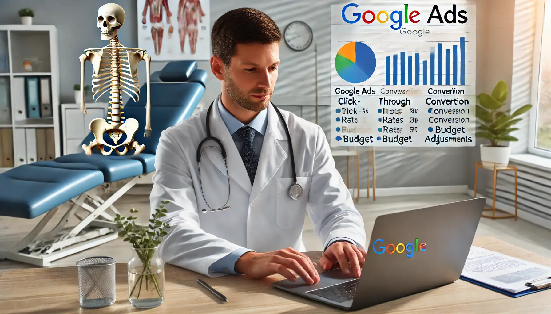 A chiropractor reviewing Google Ads campaign performance metrics on a laptop in a modern clinic.