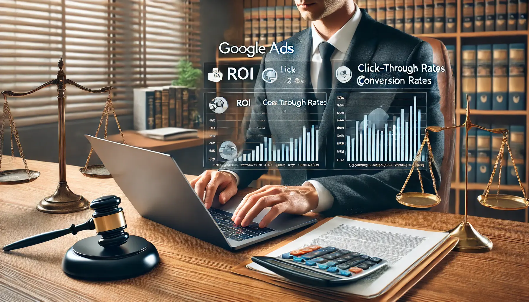 Illustration of a lawyer analyzing performance metrics on a laptop, with law books and a gavel in the background.