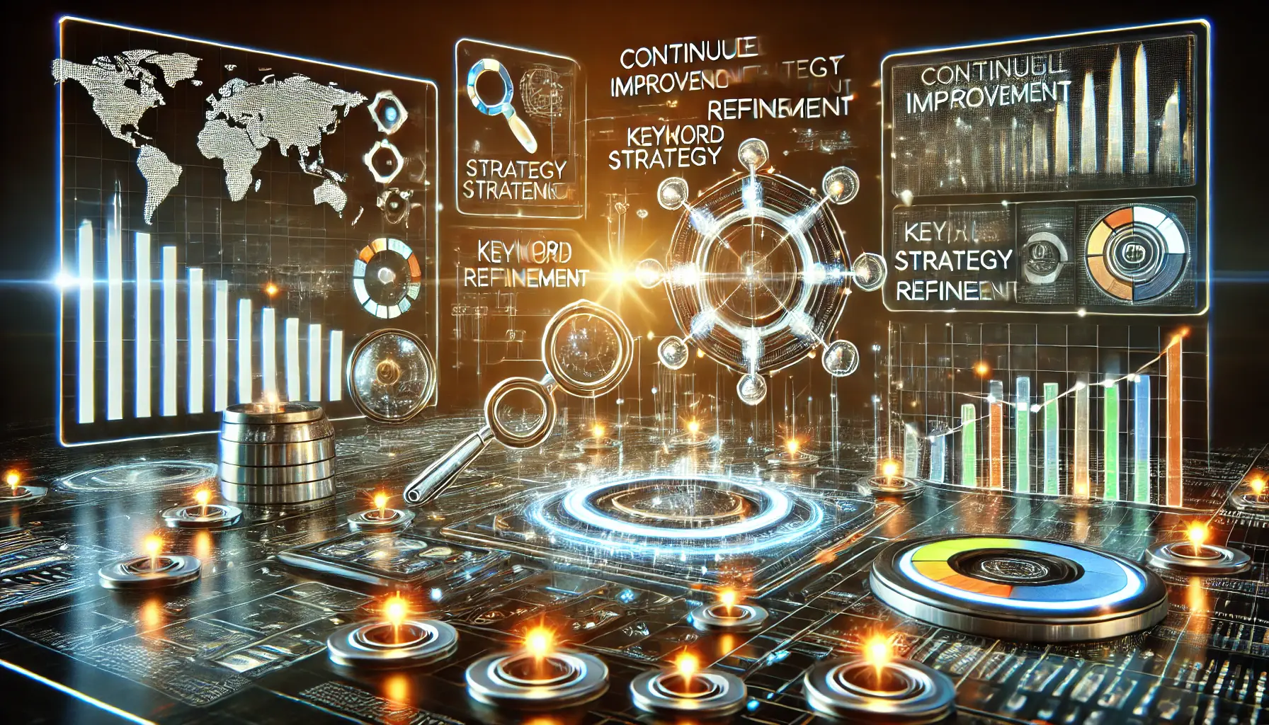 Illustration of strategy optimization with glowing analytics dashboards, progress indicators, and refinement tools in a futuristic workspace.