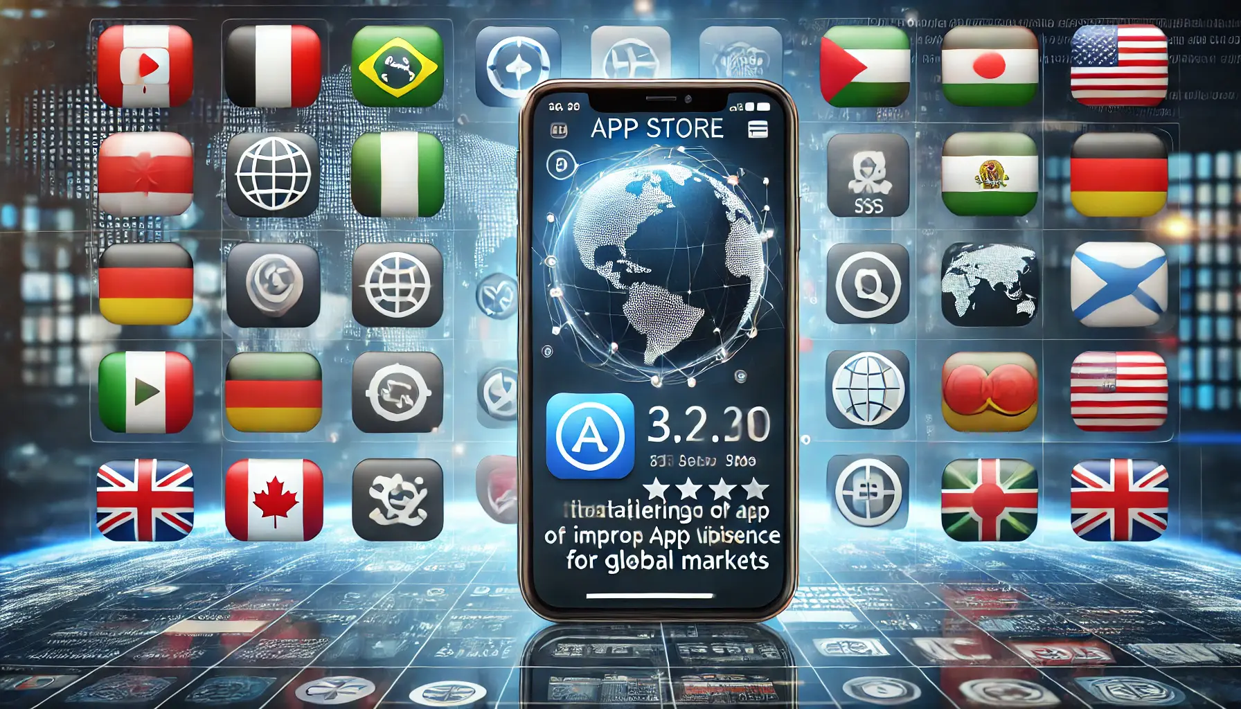 A digital concept showing a smartphone with an app store page displaying localized visuals, app icons, and reviews, symbolizing app store optimization for global markets.