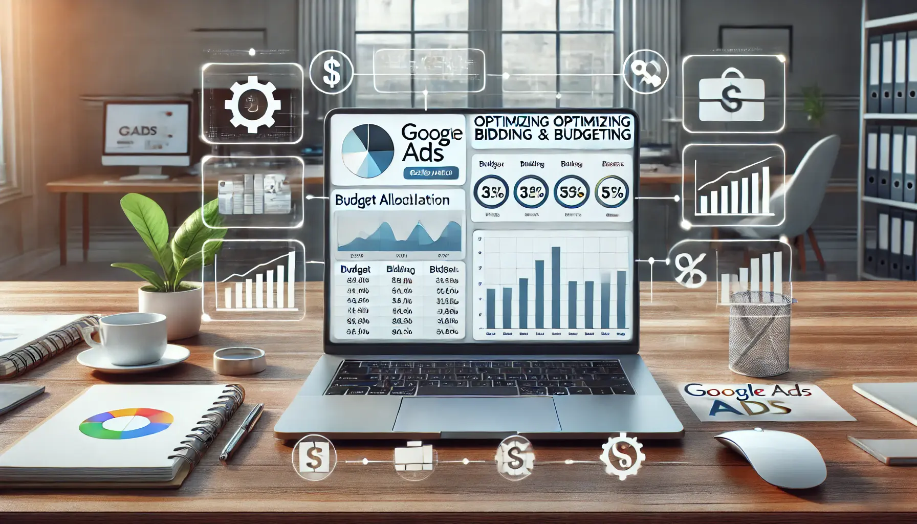 A digital workspace with a laptop displaying a Google Ads campaign dashboard with budget allocation sliders, bidding options, and performance graphs.