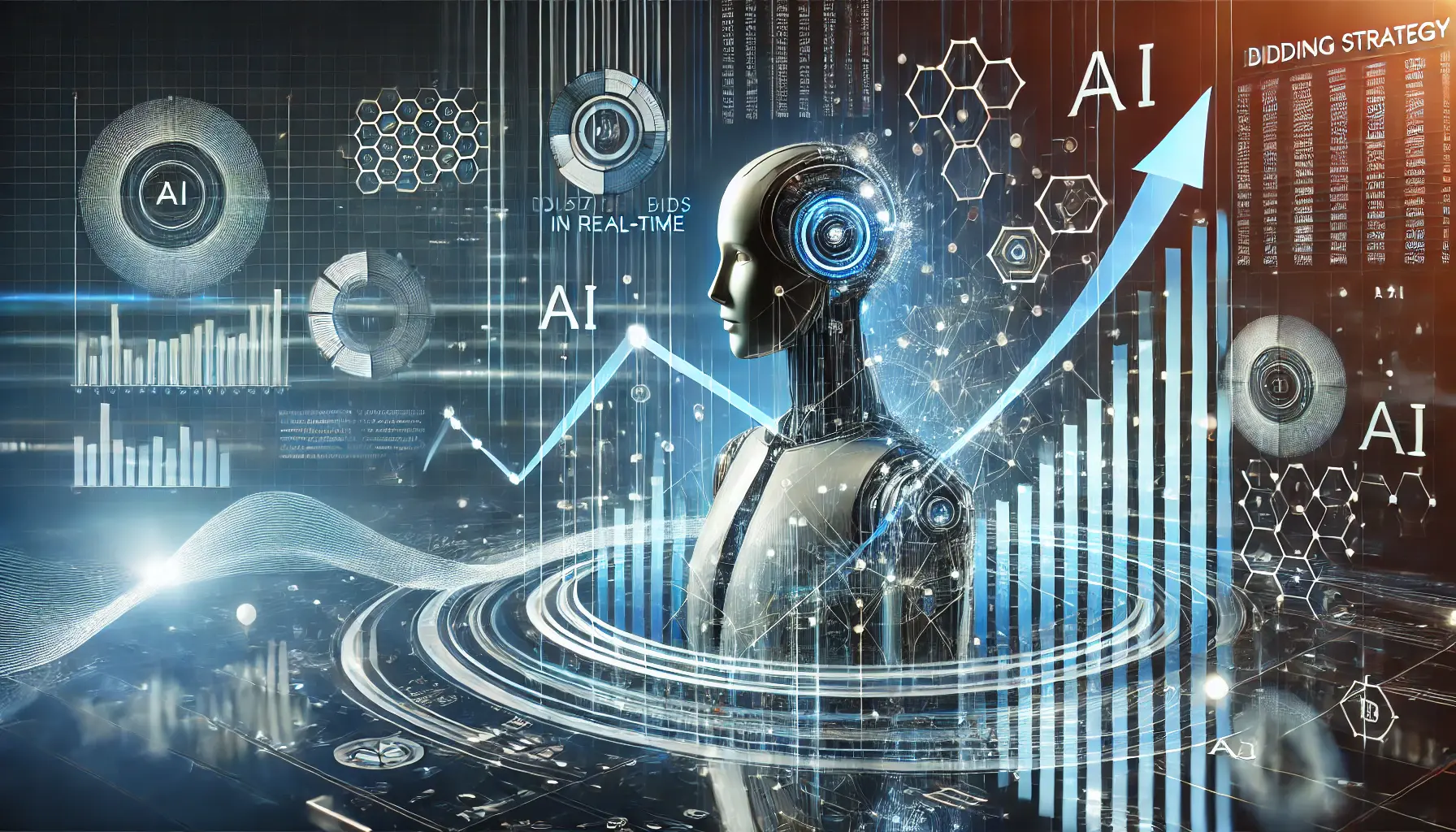 Illustration depicting AI optimizing bidding strategies in real-time, with dynamic charts and data points symbolizing improved ad performance.