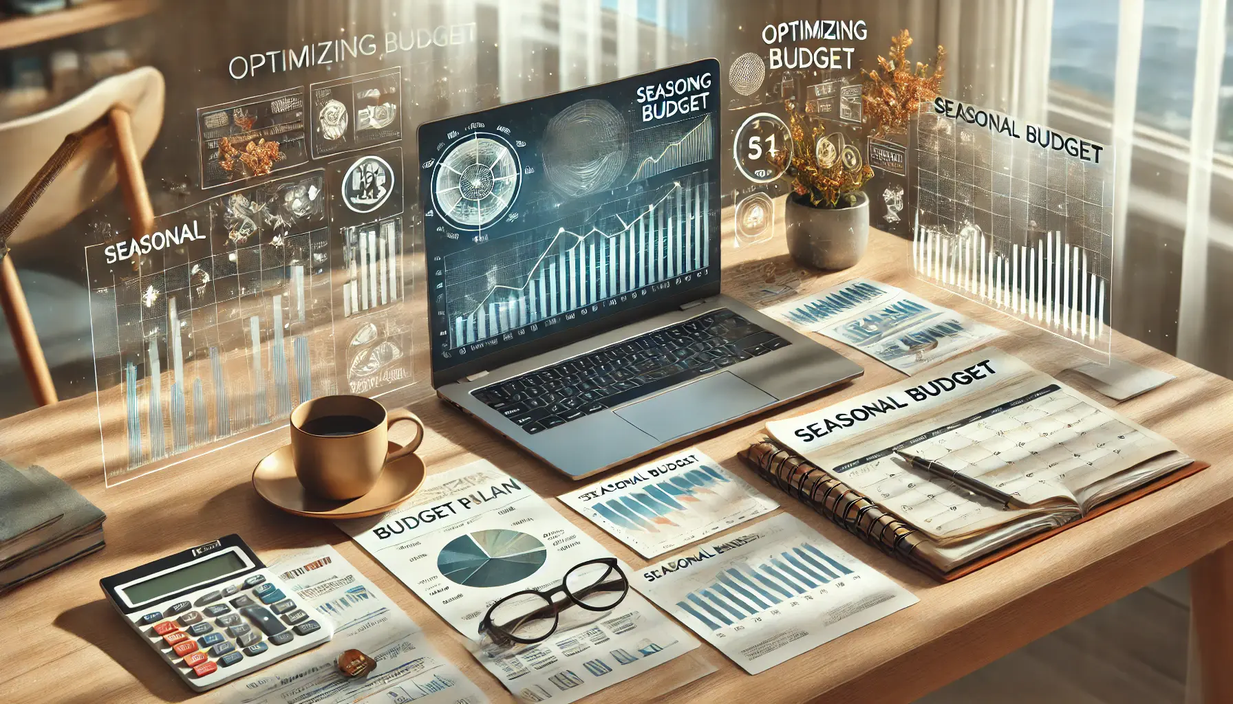 A modern workspace with a laptop displaying a seasonal budget plan and charts, emphasizing budget optimization based on seasonal insights.